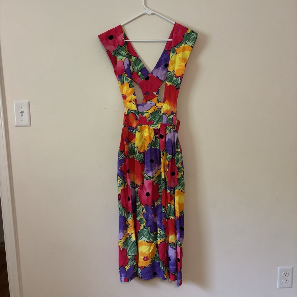 Vintage R.J. Stevens Vibrant Floral Suspender Midi Skirt Size 10 Fit & Flare